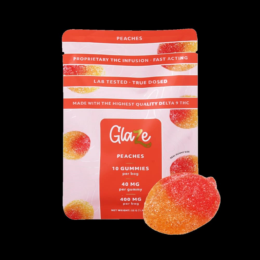 Glaze Peaches 40mg gummies bag, front of pack