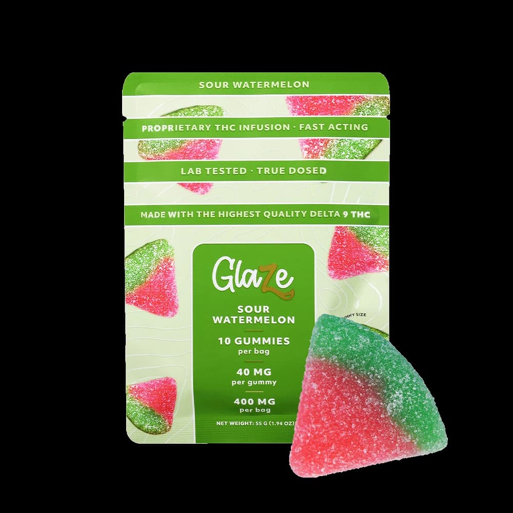 Glaze Sour Watermelon 40mg gummies bag, front of pack