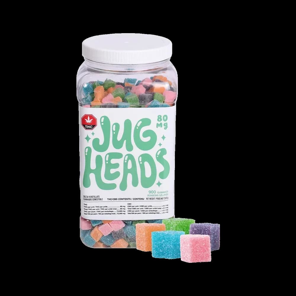 Jugheads 80mg THC gummies jar, 900 gummies