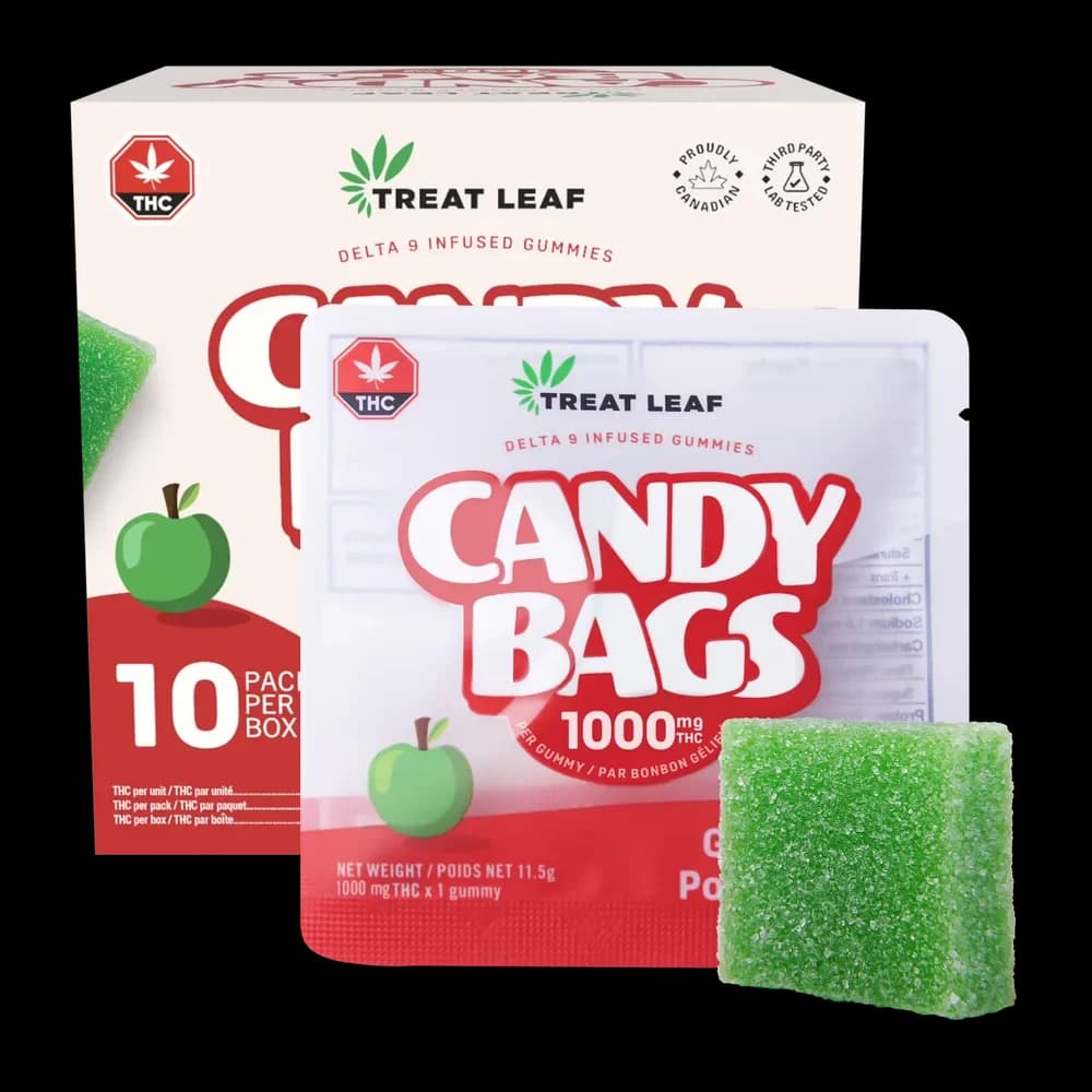 Treat Leaf Candy Bags box, 10 packs, 1000mg per gummy, green apple