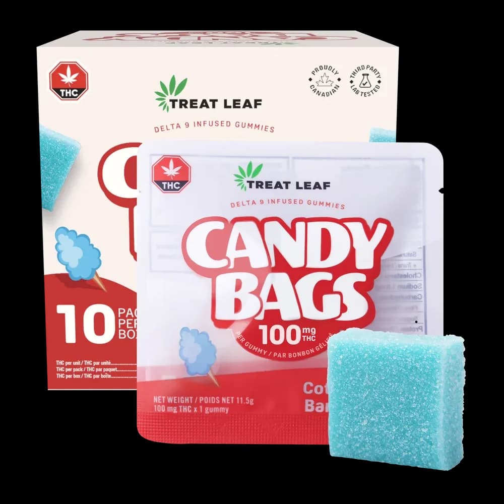 Treat Leaf Candy Bags box, 10 packs, 100mg per gummy, cotton candy blue raspberry
