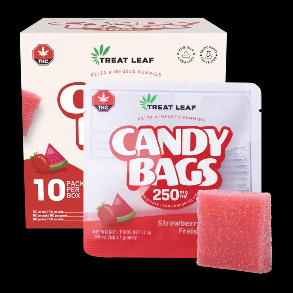 Treat Leaf Candy Bags box, 10 packs, 250mg per gummy, strawberry