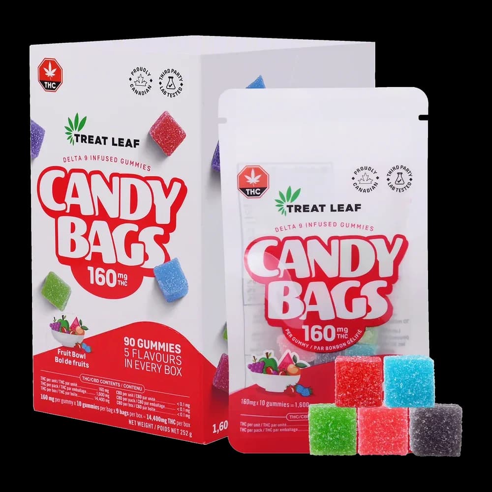Treat Leaf Fruit Bowl Candy Bags box, 160mg per gummy, 90 gummies