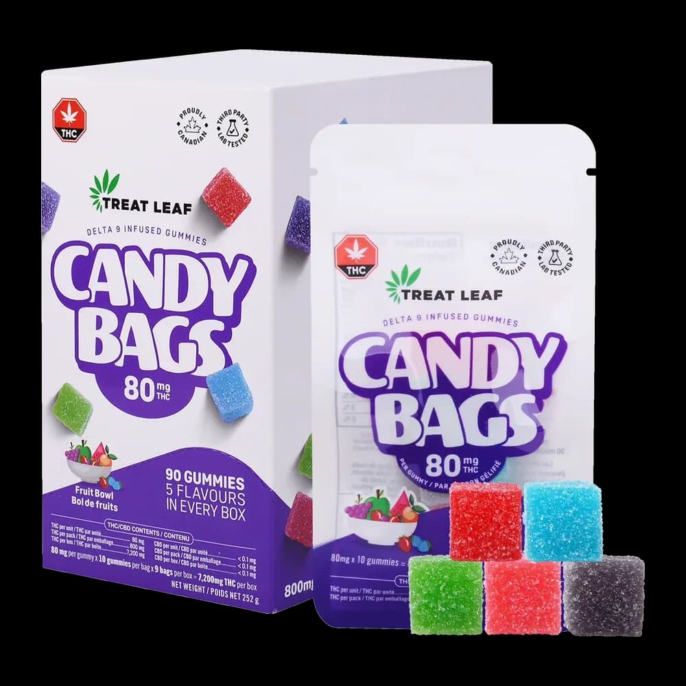 Treat Leaf Fruit Bowl Candy Bags box, 80mg per gummy, 90 gummies