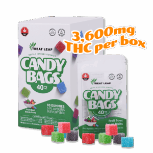 Fruit Bowl Box  – 40mg per gummy x 10 gummies per bag x 9 bag per box = 3,600mg THC per box
