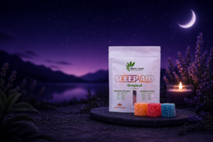 Treat Leaf microdose THC sleep gummies with CBD, CBN and CBG beside colorful cannabis gummies in a nighttime relaxation scene for Doubtfire Canada
