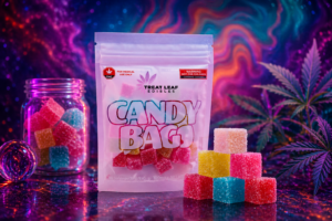 Colorful THC cannabis gummies beside premium edible packaging for Doubtfire Canada
