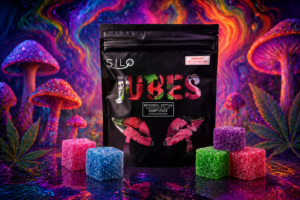 SILO Jubes microdose psilocybin mushroom gummies with tropical assorted gummy cubes in a nighttime relaxation scene